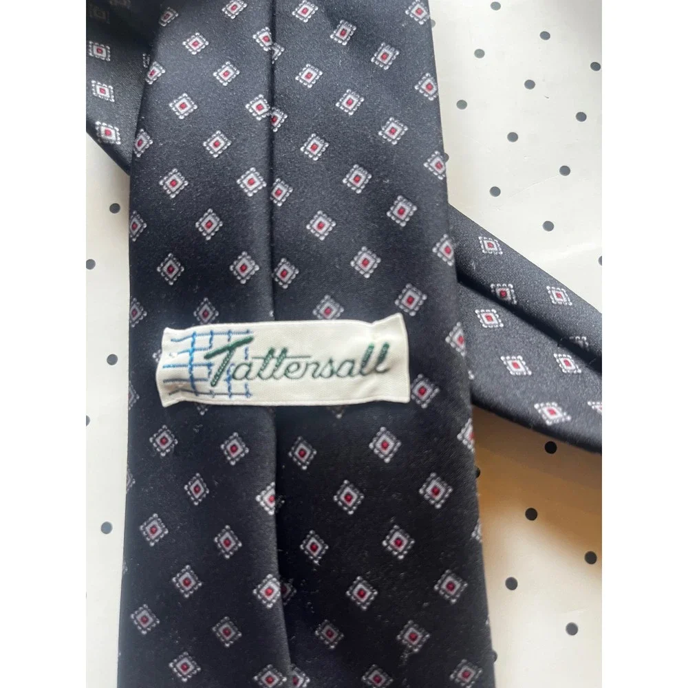 Tattersall Mens Silk Tie Navy Blue Red White Geometric Medallion Pattern Classic